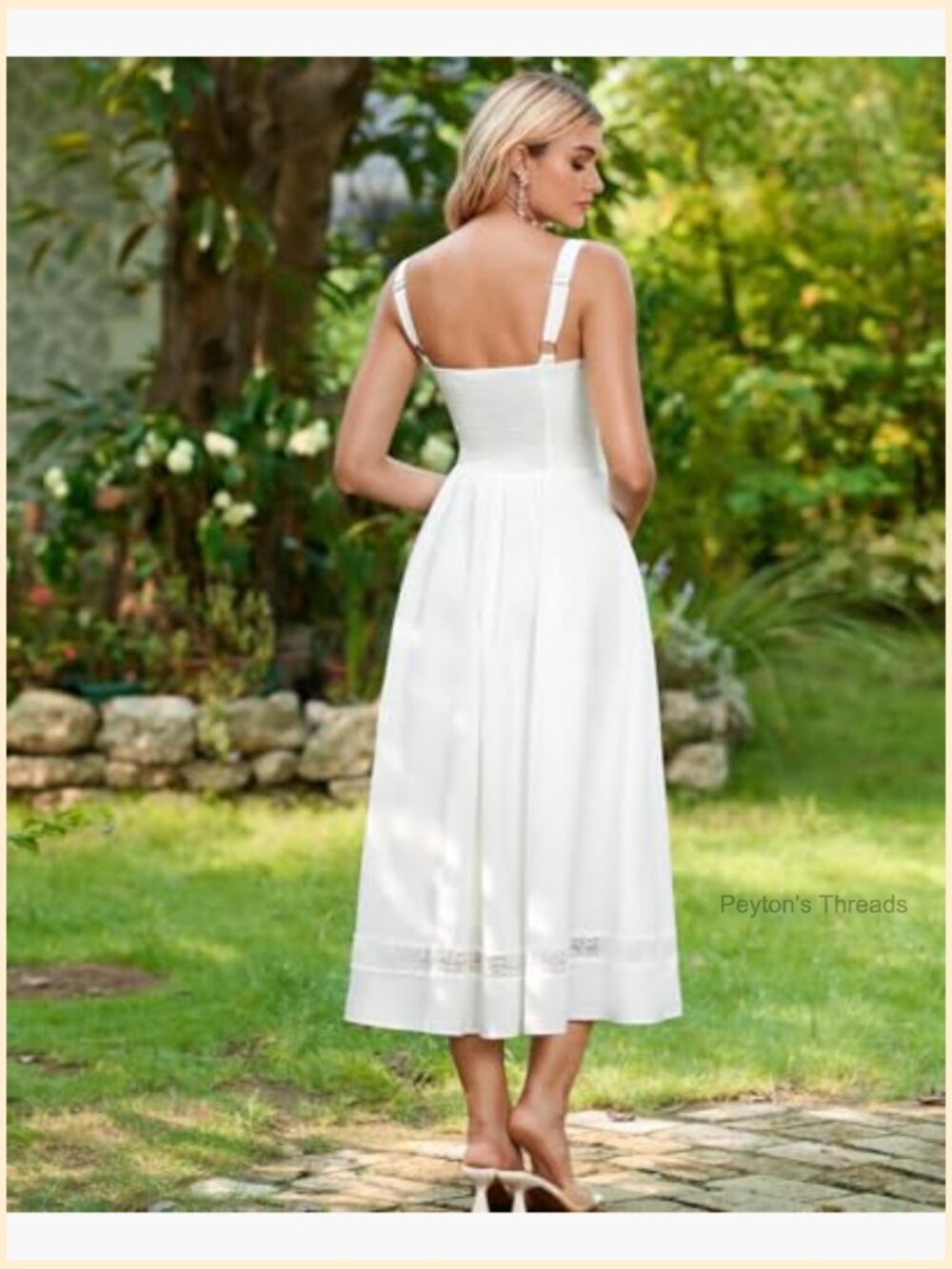 Corset Midi Wedding Guest Dress with Lace A-Line Flowy Smocked Back - Picture 3 of 6
